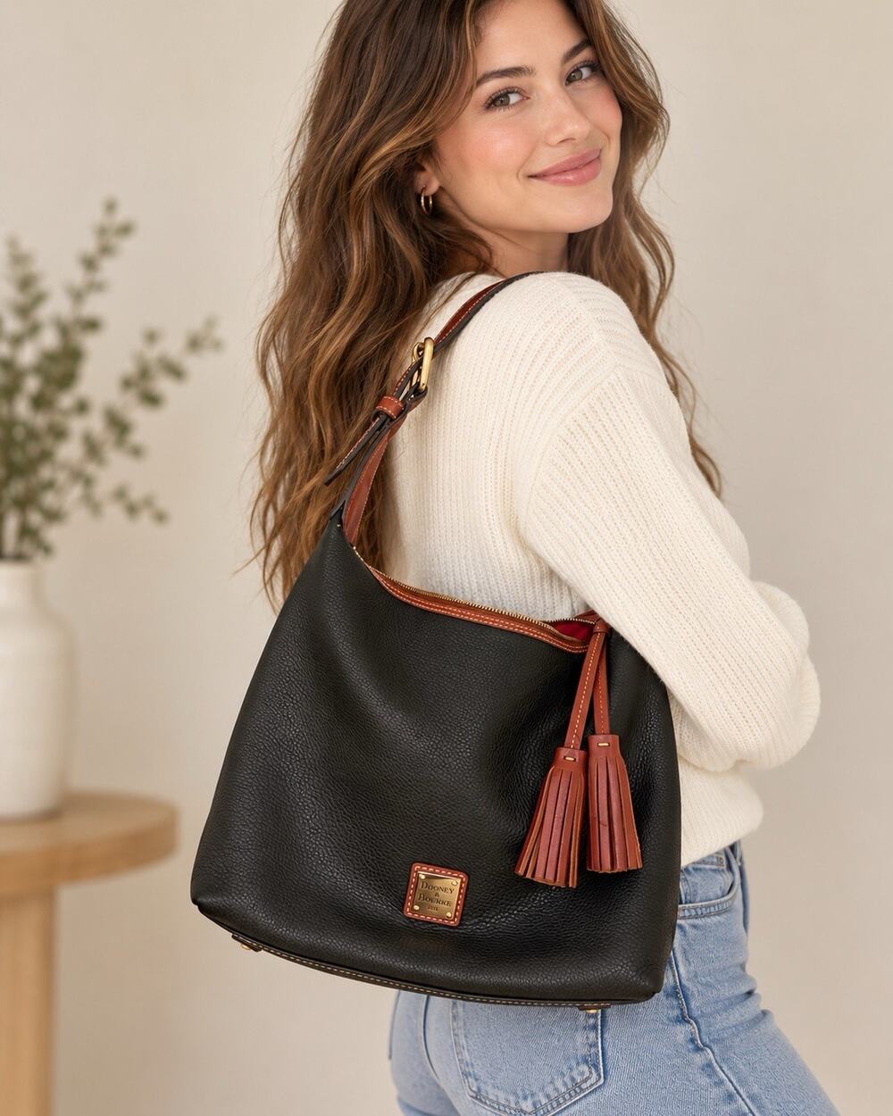 Dooney & Bourke Black Pebbled Hobo Shoulder Bag Zip Brown Strap Tassel Red Lined